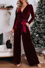 Load image into Gallery viewer, Red Velvet Pocketed Cut out Back Wide Leg Jumpsuit
