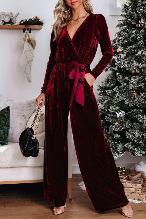 Red Velvet Pocketed Cut out Back Wide Leg Jumpsuit