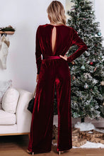 Load image into Gallery viewer, Red Velvet Pocketed Cut out Back Wide Leg Jumpsuit
