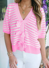 Load image into Gallery viewer, Stripe Short Sleeve Knit V Neck Bow Knot Sweater
