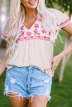 Load image into Gallery viewer, Floral Embroidered Short Sleeve Notched V Neck Blouse
