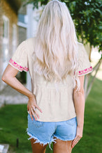 Load image into Gallery viewer, Floral Embroidered Short Sleeve Notched V Neck Blouse
