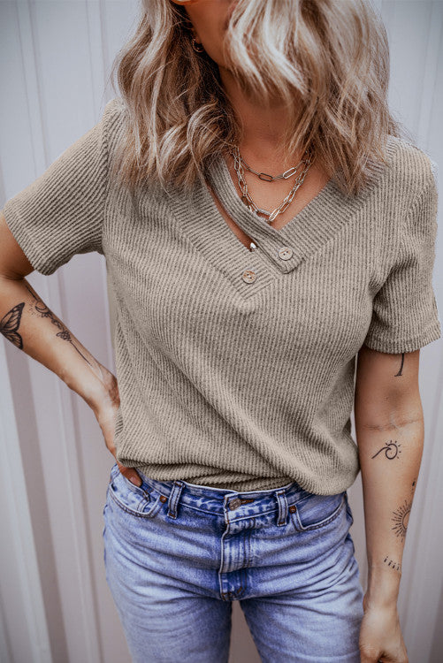 Khaki Ribbed Buttoned Strappy V Neck Tee