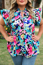Load image into Gallery viewer, Floral Flutter Sleeve Tied Notched Neck Plus Size Blouse

