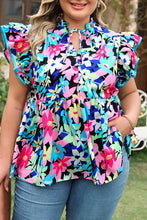 Load image into Gallery viewer, Floral Flutter Sleeve Tied Notched Neck Plus Size Blouse
