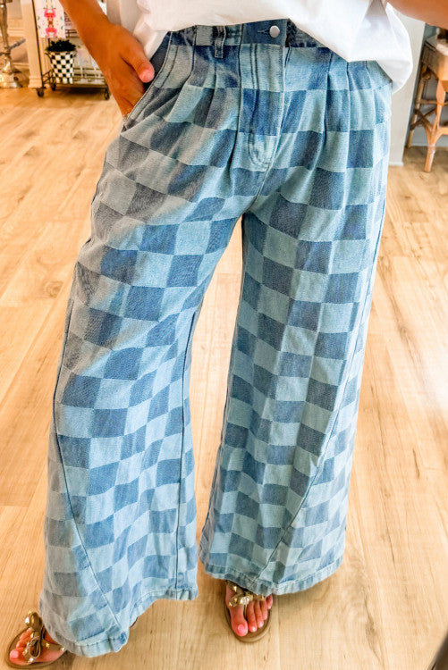 INSTOCK Checkered Denim Wide Leg Jeans