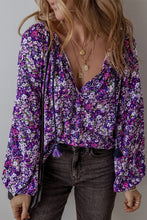 Load image into Gallery viewer, Boho Flower Split V Neck Bubble Sleeve Blouse
