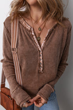 Load image into Gallery viewer, Coffee Acid Wash Waffle Knit Buttoned Neckline Long Sleeve Top
