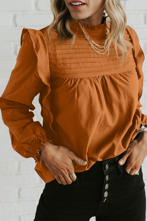 Ruffled Mock Neck Puff Sleeve Blouse