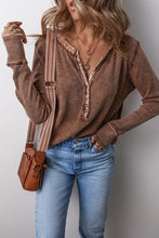 Load image into Gallery viewer, Coffee Acid Wash Waffle Knit Buttoned Neckline Long Sleeve Top
