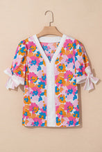 Load image into Gallery viewer, Floral Colorblock Striped Edge V Neck Knotted Short Sleeve Blouse
