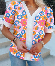 Load image into Gallery viewer, Floral Colorblock Striped Edge V Neck Knotted Short Sleeve Blouse
