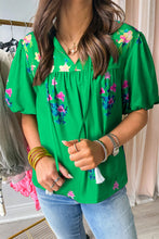 Load image into Gallery viewer, Floral Detail Tie Split Neck Short Sleeve Blouse
