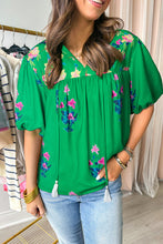 Load image into Gallery viewer, Floral Detail Tie Split Neck Short Sleeve Blouse
