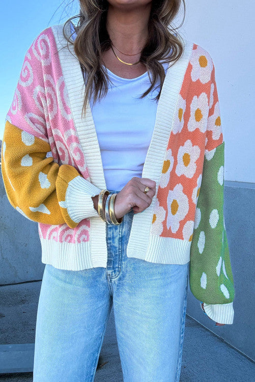 Mixed Print Colorblock Open Front Cardigan