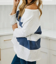 Load image into Gallery viewer, Sail Blue Colorblock Striped Patchwork Raw Seamed Sweatshirt
