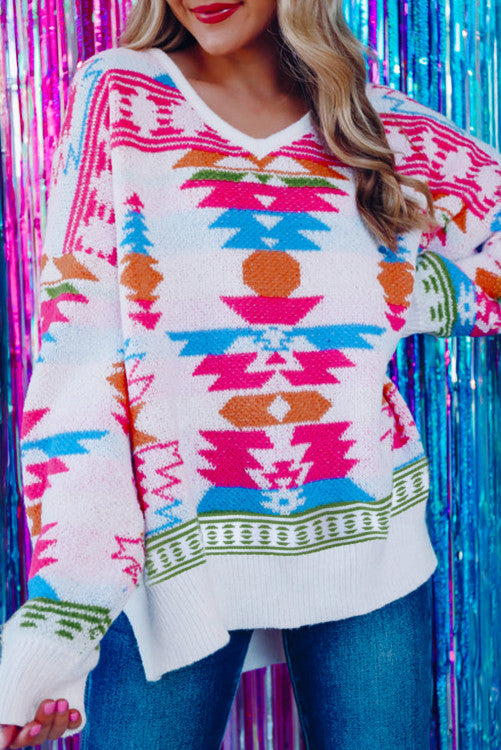 Oversize Aztec Print High Low V Neck Sweater