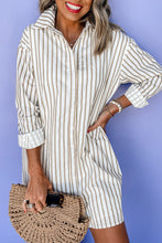 Load image into Gallery viewer, Khaki Stripe Long Sleeve Button Up Mini Shirt Dress
