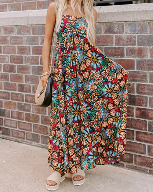 Black Boho Floral Print Thin Straps Sleeveless High Waist Maxi Dress