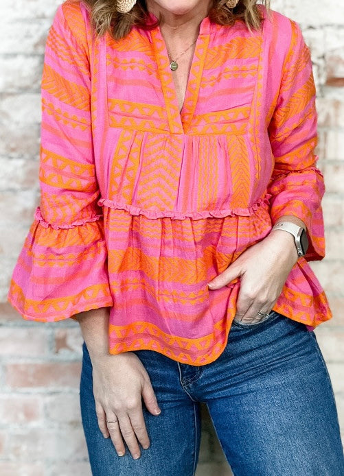 Vitality Orange Plus Size Geometric Embroidered Bell Sleeve Babydoll Blouse