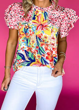 Load image into Gallery viewer, Floral Mixed Print Ruffle Cap Sleeve Blouse
