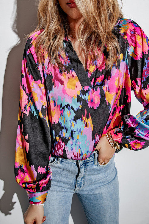 Graffiti Printed V Neck Puff Sleeve Blouse