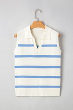 Load image into Gallery viewer, Blue Stripe Split V Neck Collared Ribbed Sweater Vest
