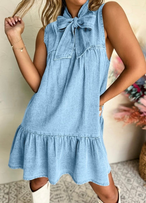 Bowknot Neck Sleeveless Ruffled Chambray Dress