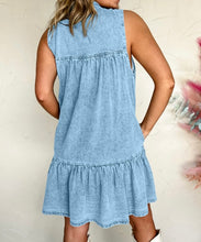 Load image into Gallery viewer, Bowknot Neck Sleeveless Ruffled Chambray Dress
