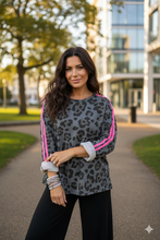 Load image into Gallery viewer, Leopard Print Varsity Striped Trim Long Sleeve Top
