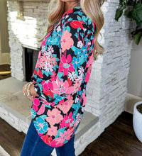 Load image into Gallery viewer, Floral V Neck Roll Tab Sleeve Blouse
