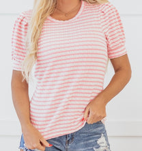 Load image into Gallery viewer, Stripe Textured Puff Sleeve Crewneck Top
