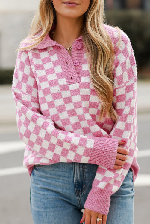 Checkered Button Collar V Neck Drop Shoulder Sweater