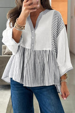 Load image into Gallery viewer, Stripe Half Button Gauze Patchwork Bracelet Sleeve Babydoll Blouse
