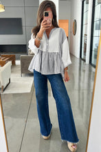 Load image into Gallery viewer, Stripe Half Button Gauze Patchwork Bracelet Sleeve Babydoll Blouse
