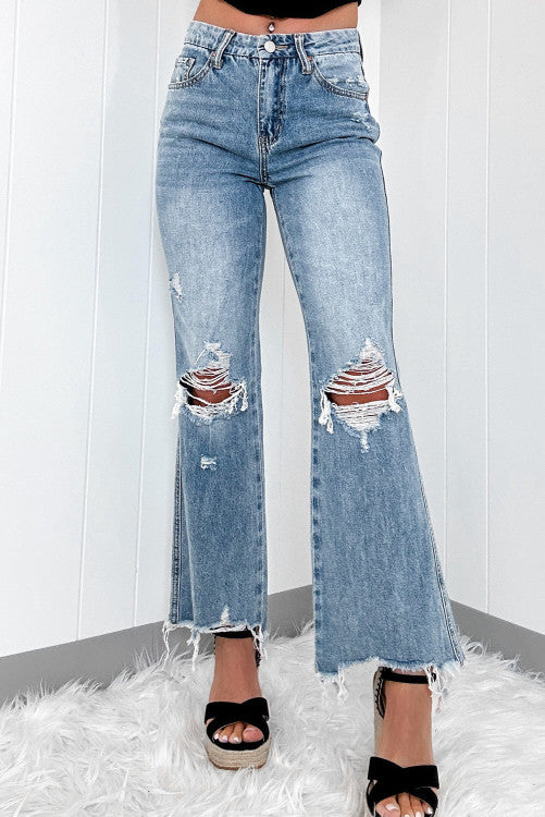 High Rise Ripped Distressed Hem Flared Jeans