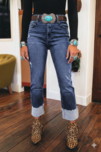 Load image into Gallery viewer, Folded Cuffs Distressed Straight High Waist Jeans
