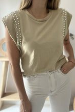 Load image into Gallery viewer, Studded Cap Sleeve Round Neck T Shirt
