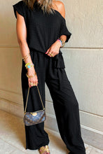 Load image into Gallery viewer, Checkered Mesh One Shoulder Short Sleeve Knotted Waist Jumpsuit
