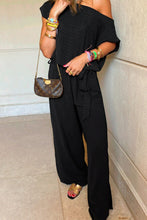Load image into Gallery viewer, Checkered Mesh One Shoulder Short Sleeve Knotted Waist Jumpsuit
