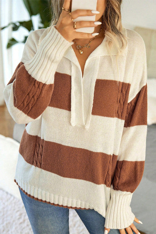 Striped Collared Neck Corded Sweater