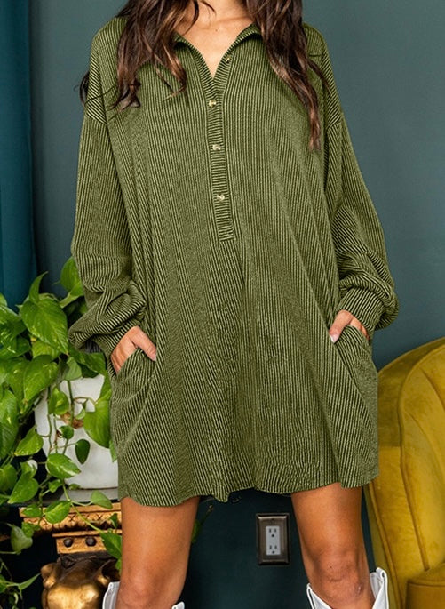 Corded Button up Drop Shoulder Collared Shift Dress