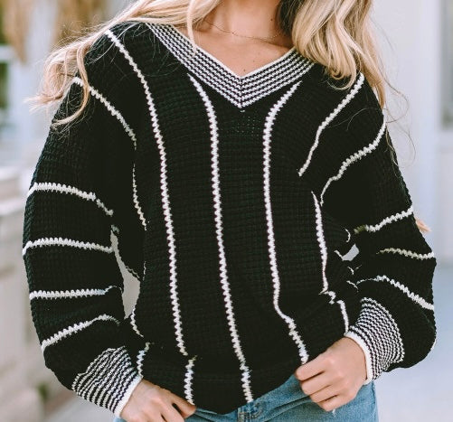 Striped V Neck Loose Sweater