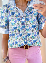 Load image into Gallery viewer, Floral Print Striped Patchwork Collared Short Sleeve Blouse Item
