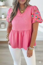 Load image into Gallery viewer, Frilled V Neck Flower Embroidered Puff Sleeve Textured Blouse
