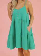 Load image into Gallery viewer, Textured Buttoned Thin Strap Tiered Loose Fit Mini Dress
