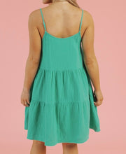 Load image into Gallery viewer, Textured Buttoned Thin Strap Tiered Loose Fit Mini Dress
