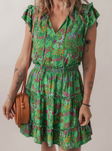 Load image into Gallery viewer, Floral Tie Split Neck Frilly Ruffle Trim Tiered Short Dress
