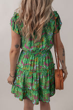 Load image into Gallery viewer, Floral Tie Split Neck Frilly Ruffle Trim Tiered Short Dress
