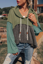 Load image into Gallery viewer, Mixed Textured Colorblock Patchwork Wide Sleeve Frayed High Low Hooded Top
